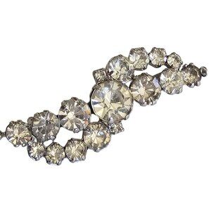 Vtg Rhinestone Brooch Crescent Silver Tone Mid-Century Clear Glass Pin Sparkle